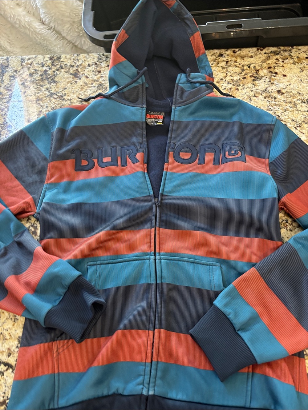 Burton Striped Hooded Jacket in Teal, Rust & Navy